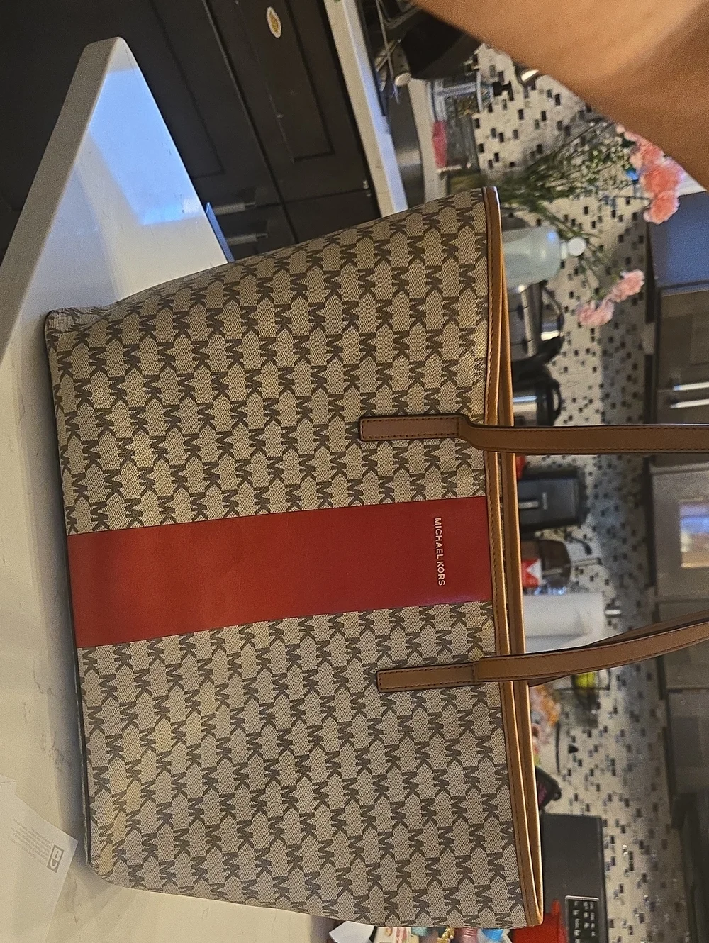 Michael Kors Tan Monogram Tote with Red Center Stripe